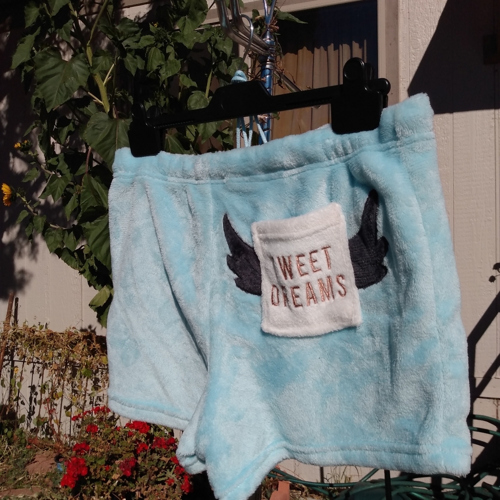 Cute TWEET DREAMS! RIP Twitter. Blue fuzzy cloud soft Pajama shorts M NWOT